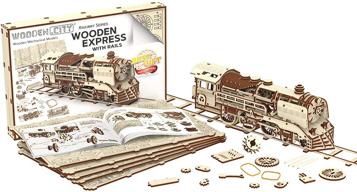 Train.jpg Wooden City 3D Holzpuzzle Zug mit Schienen Holzbausatz Modell Nr. WR321 – Bild 1