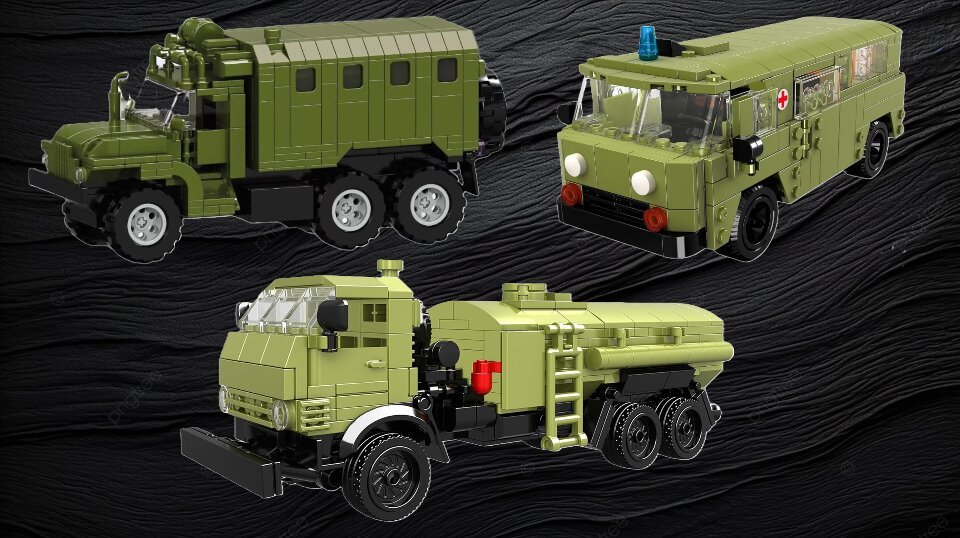 bg25XiK14XeSMn2L.png LKW Bundle Klemmbausteinset (UAZ Krankenwagen Kleinbus + URAL Expeditionsmobil + Kamaz LKW Tankwagen – Bild 1